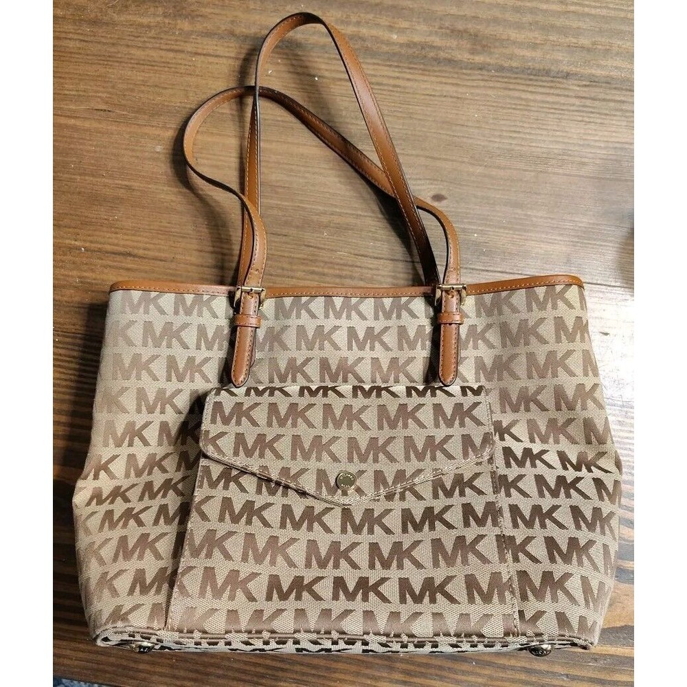 Michael Kors Signature Jet Set Tote Bag Large Shoulder Bag Purse Tan And Brown